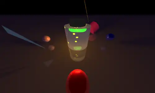 Animated render from the ray tracer: a glass bottle with moving lights inside, spheres, triangles and a cylinder on a reflective floor, seen from an orbiting camera